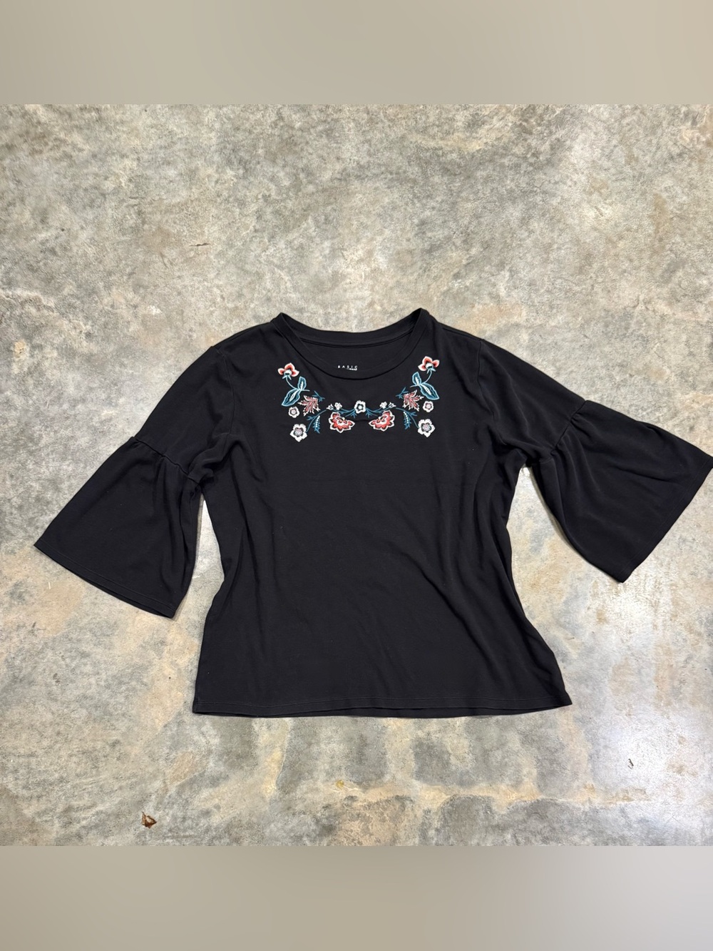 Basic Editions Black Bell-Sleeve Top with Floral Embroidery